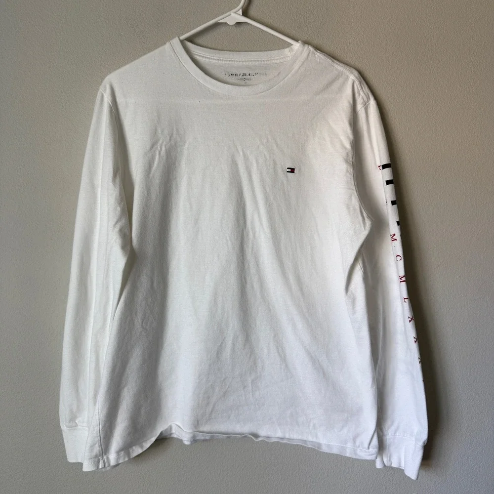 Tommy Hilfiger Mens White Long Sleeve Graphic T-Shirt Logo Sleeve 78J9601 Size M